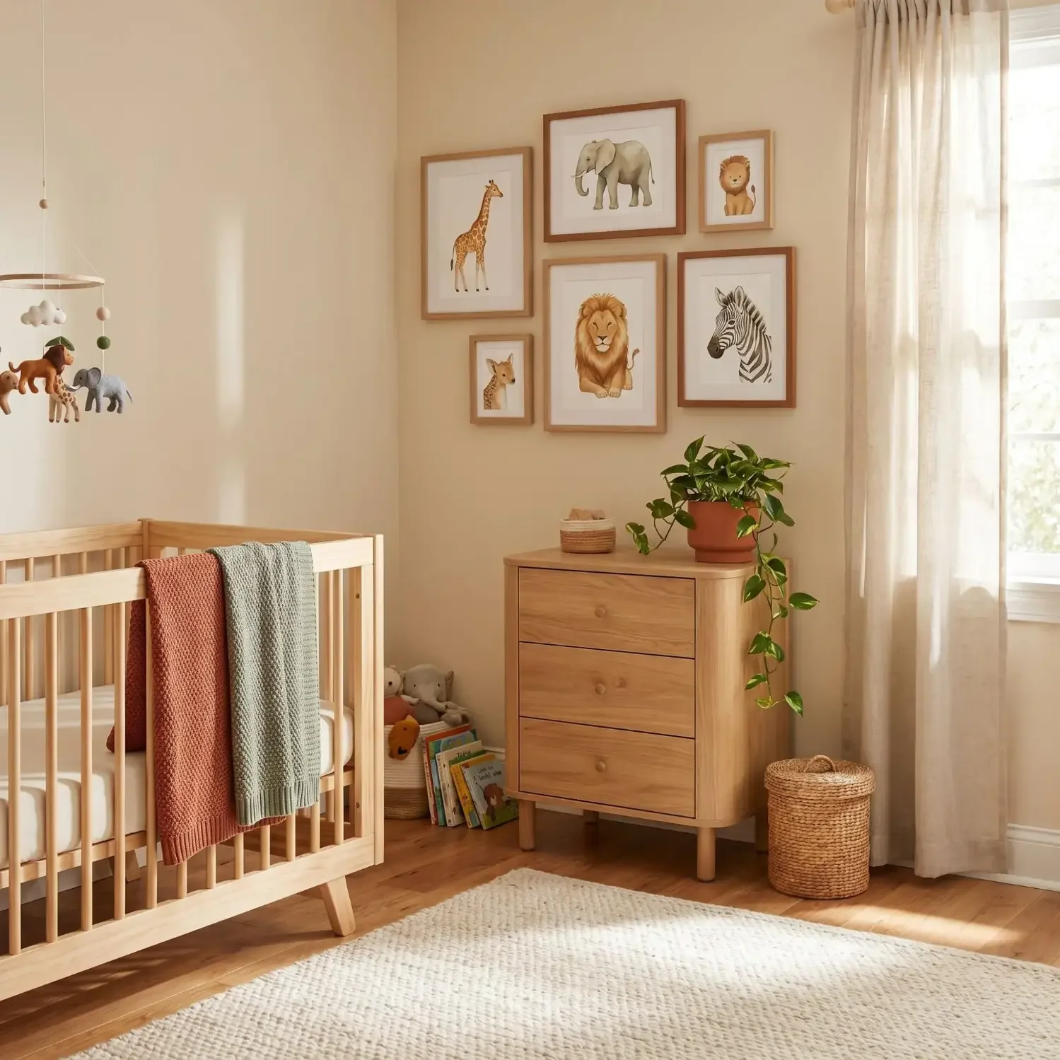 Safari animal framed art prints in a cozy nursery
