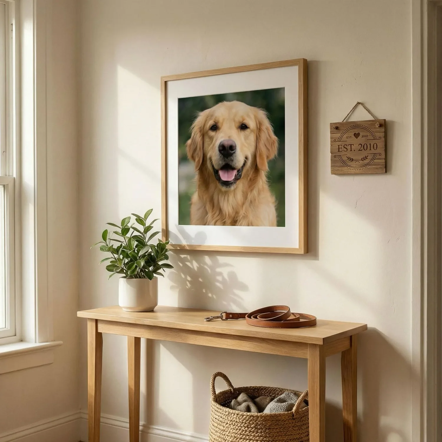 Gotcha Day entryway wall with large framed pet photo