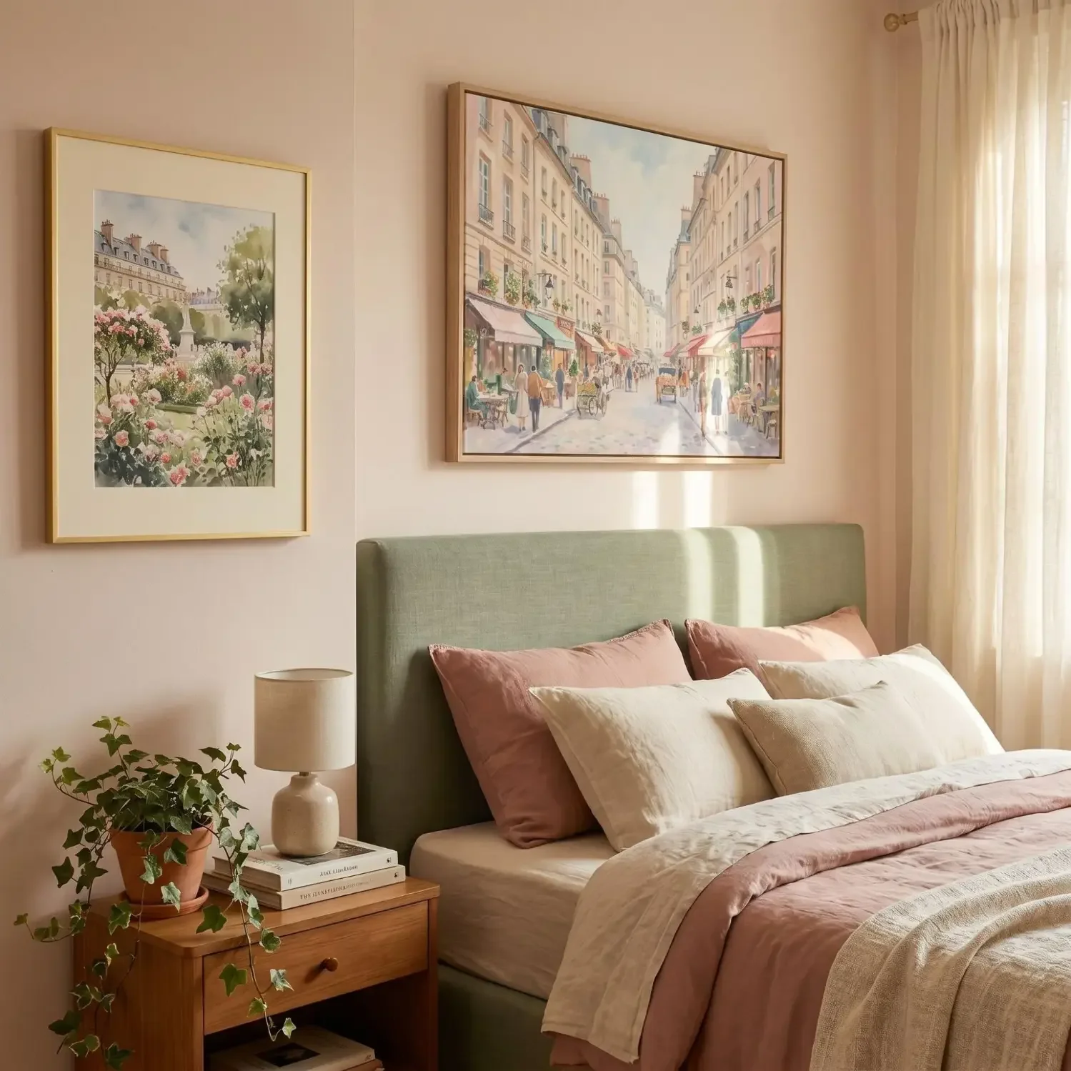 Pastel Paris framed art in romantic bedroom