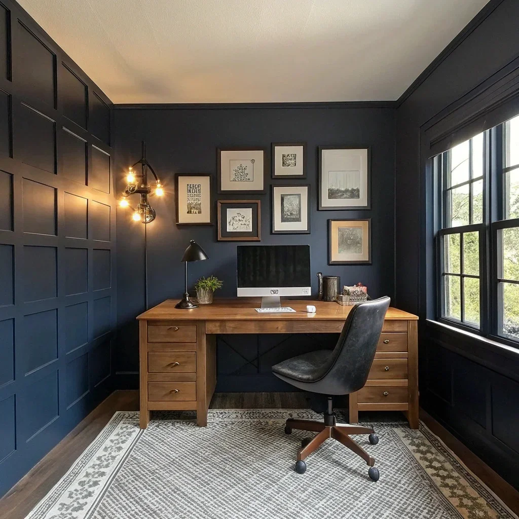 Masculine home office with various sized picture frames.