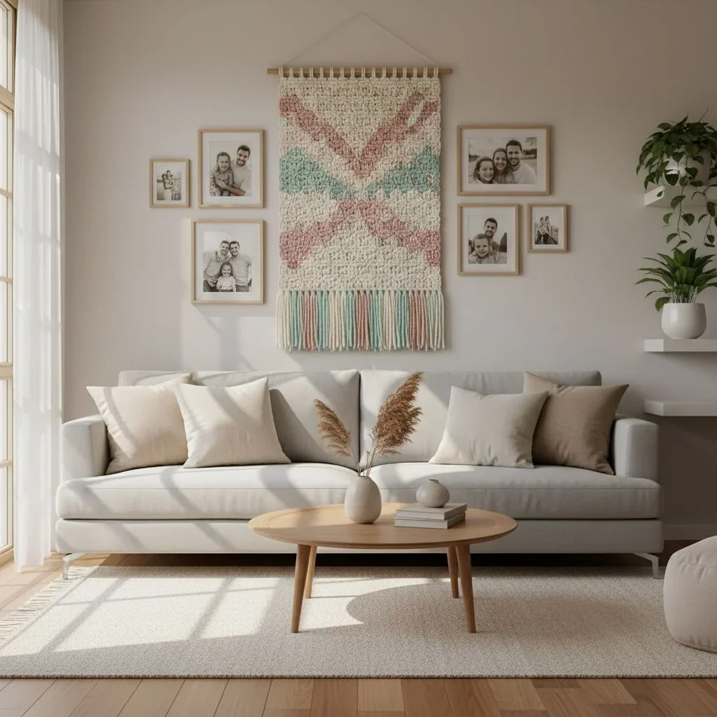 Cozy living room with crochet wall art and photos