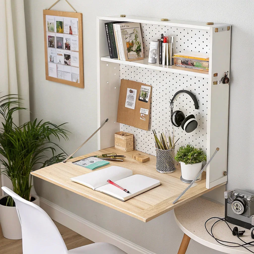 Small workspace featuring a wall-mounted drop-leaf desk, pegboard storage with supplies and a plant, and adhesive frames to keep walls hole-free.