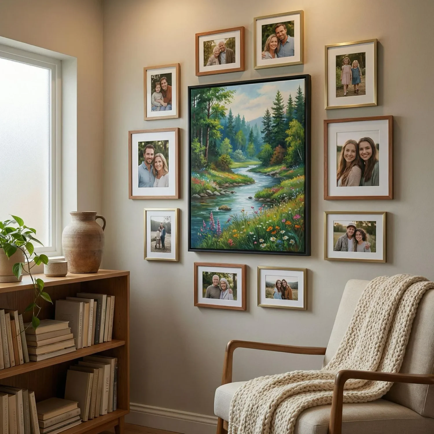 Satin canvas print in cozy mixed-light reading nook