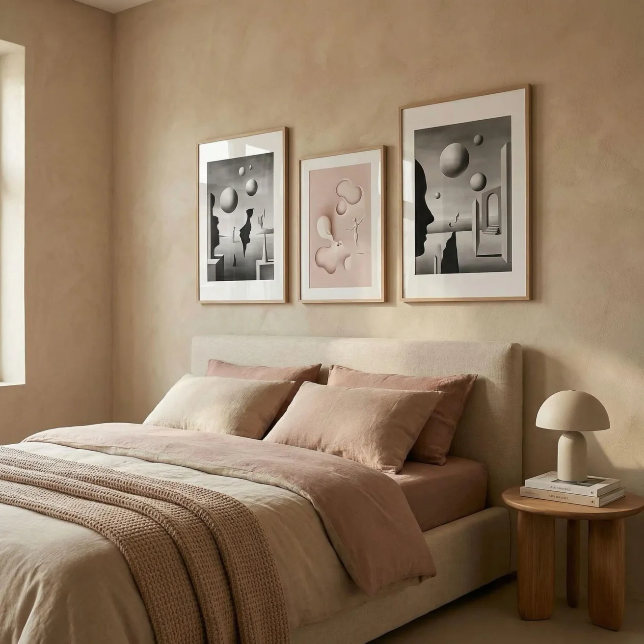 Surreal framed pictures above bedroom headboard