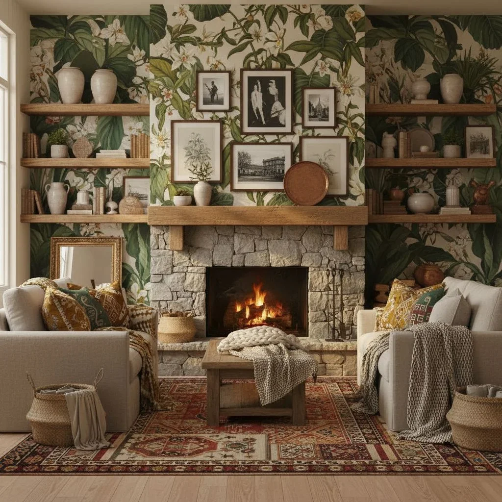 Boho style with botanical mural accent wall