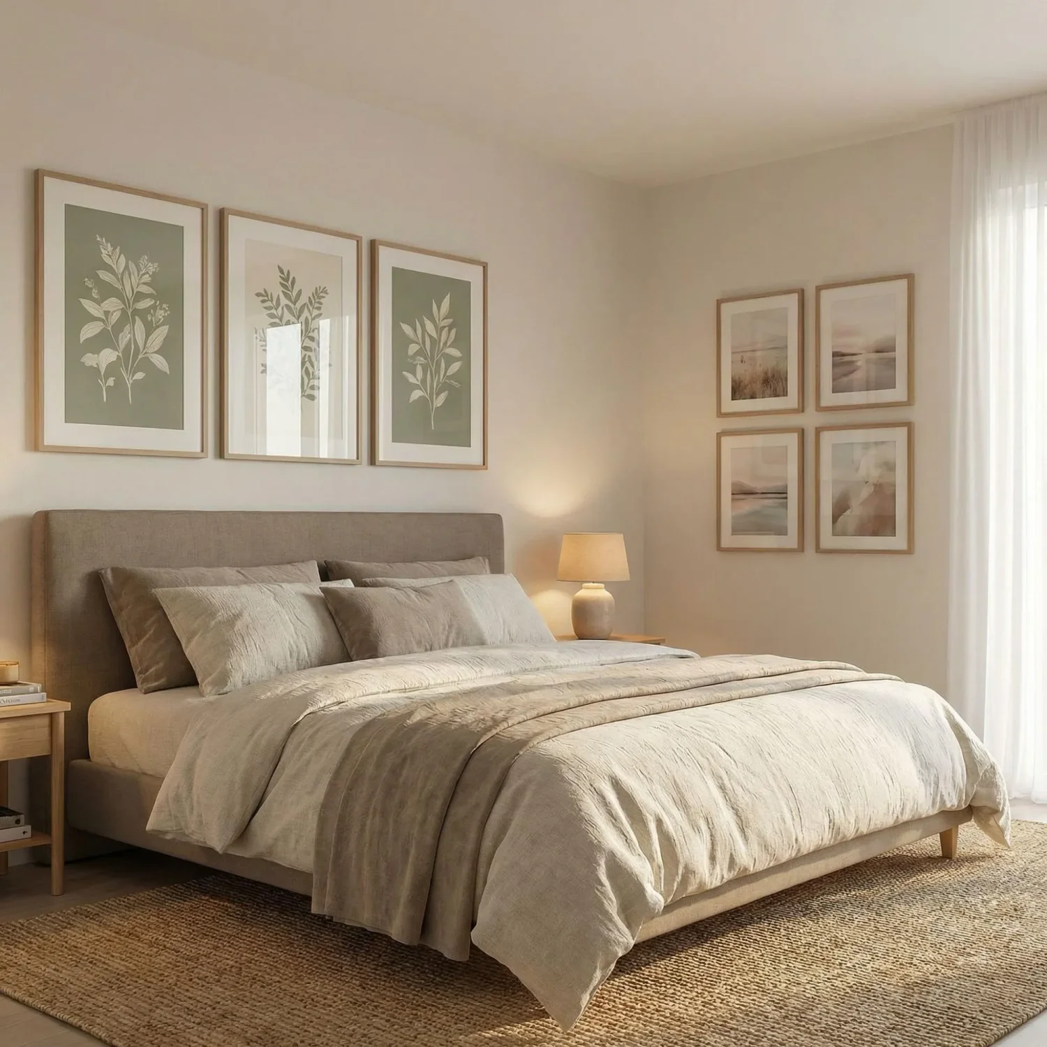 Botanical framed pictures grid above bed