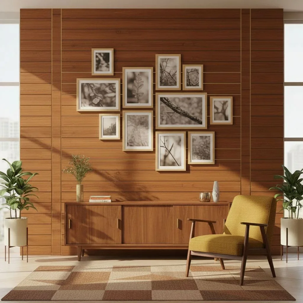 Japandi wabi-sabi lounge with natural oak and calm