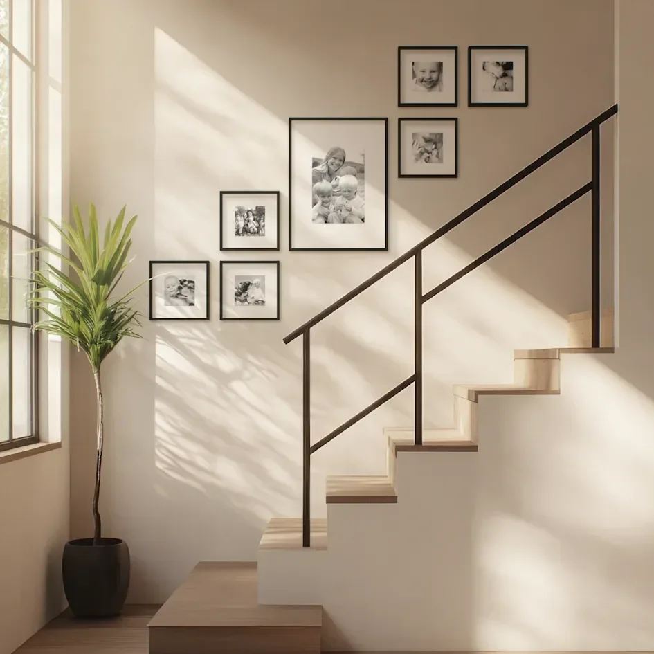 Sunlit staircase wall with framed family photos and tall plant