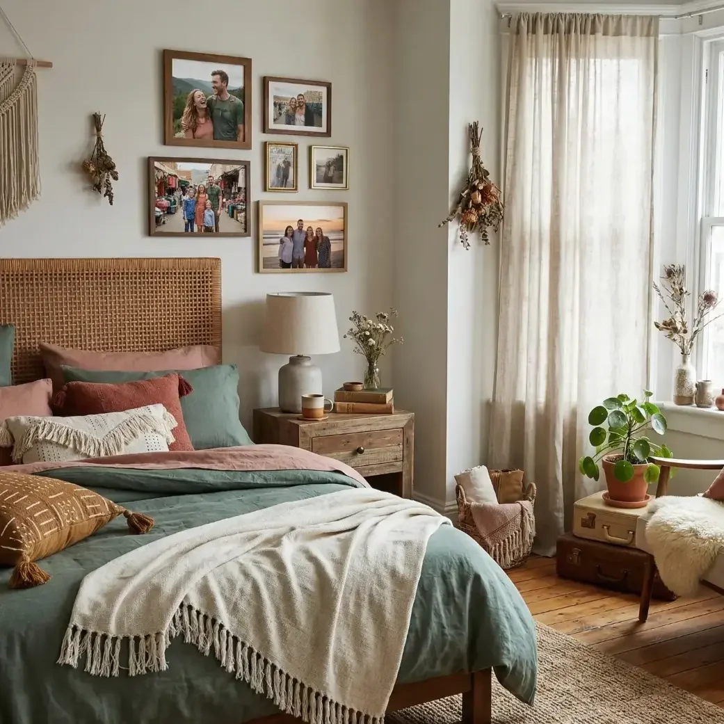 Boho bedroom with layered linens and framed family photos