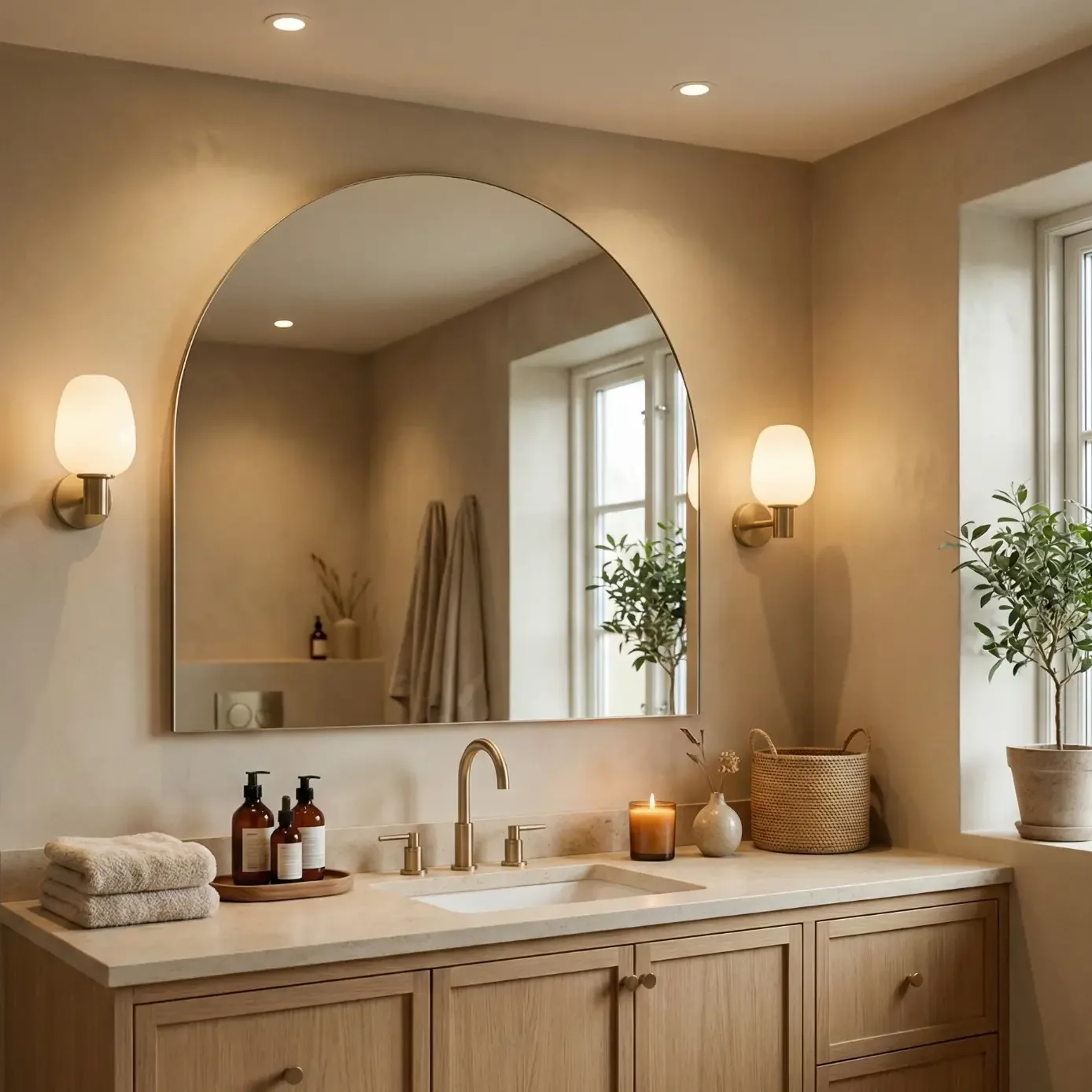 Modern bathroom vanity with arched mirror and brass fixtures
