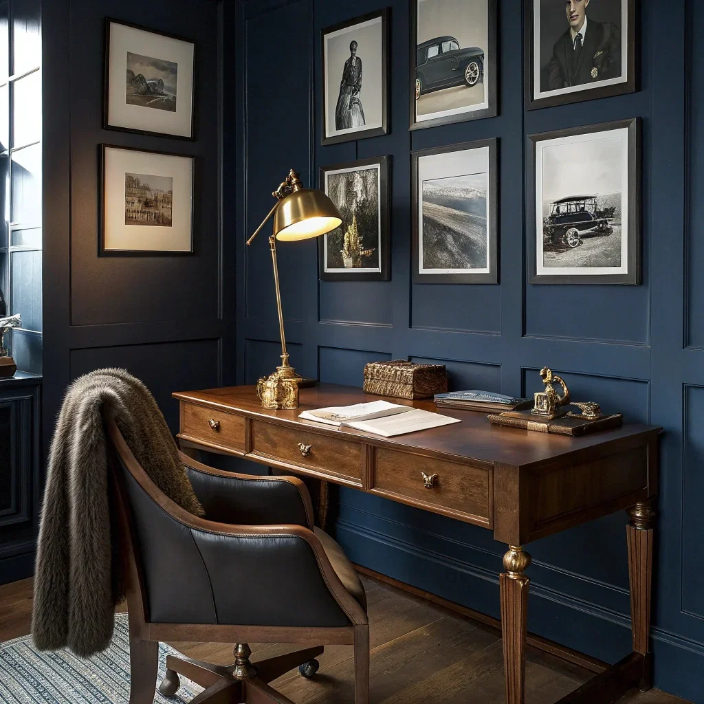 Sophisticated home office with a navy wall, walnut desk, brass banker’s lamp, leather accessories, and black-and-white family photos displayed in refined dark frames.