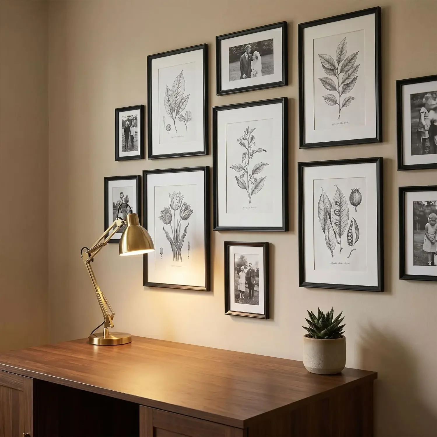 Black and white botanical sketches gallery wall