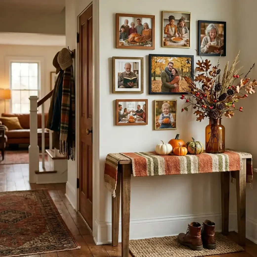 Fall entryway with family photo gallery, pumpkins, and foliage 