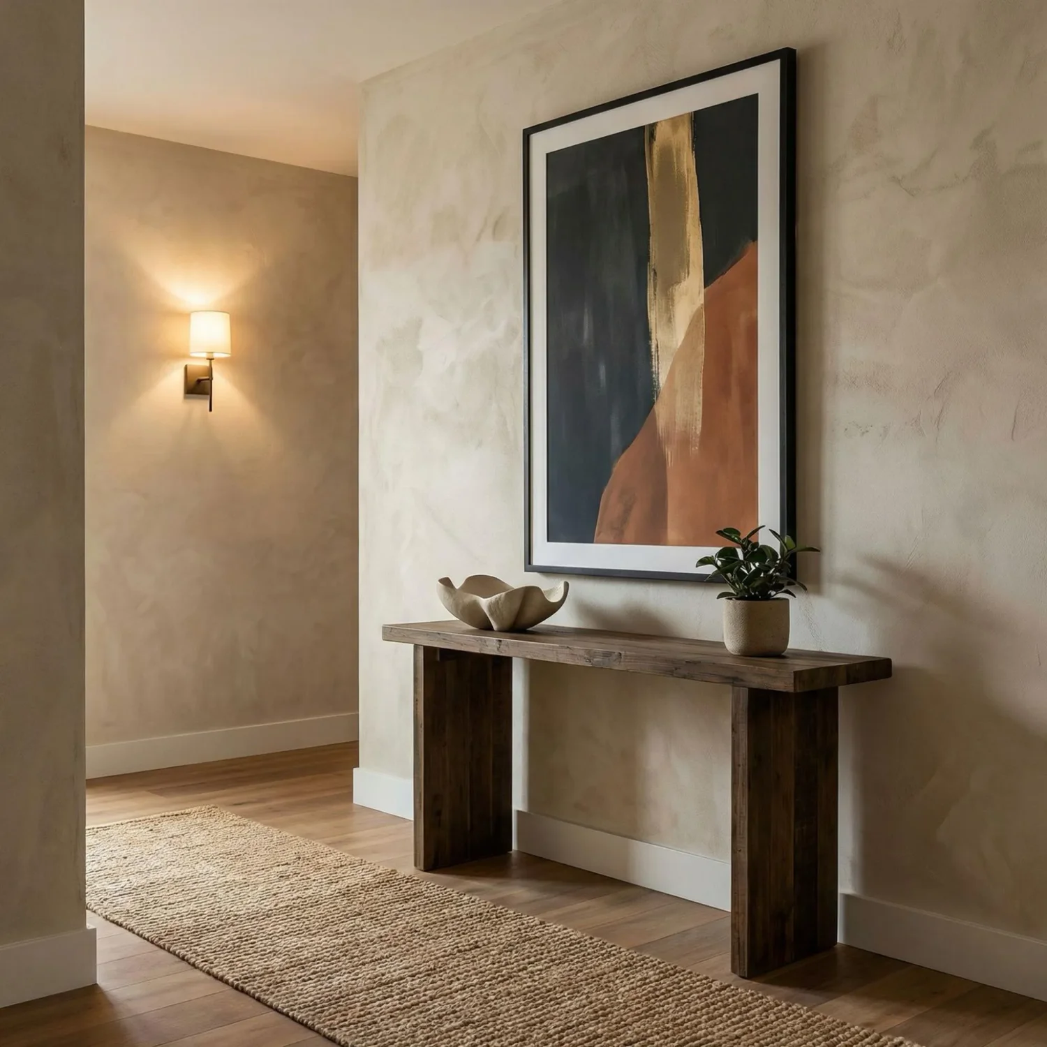 Bold vertical framed art in home entryway