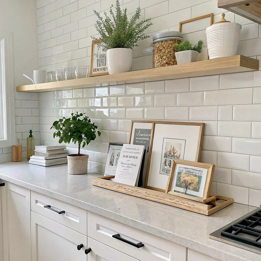 A modern kitchen wall with a shallow photo ledge holding rotating picture frames, a small plant, and a neatly displayed cookbook, all styled in a cohesive color palette.