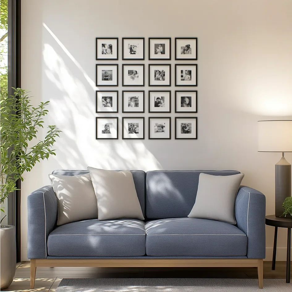 Living room with sofa and grid of framed photos on wall