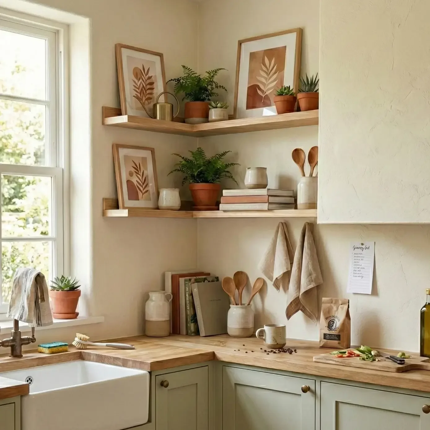 Minimal kitchen corner with open shelves and potted plants.