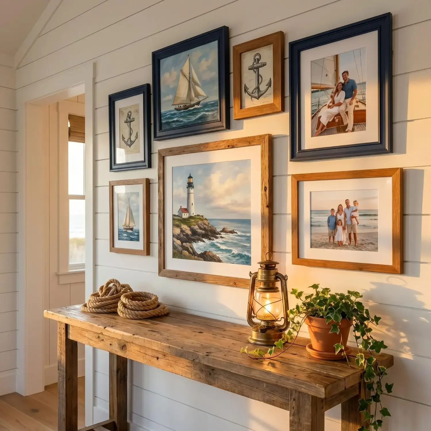 Nautical gallery wall with framed maritime art