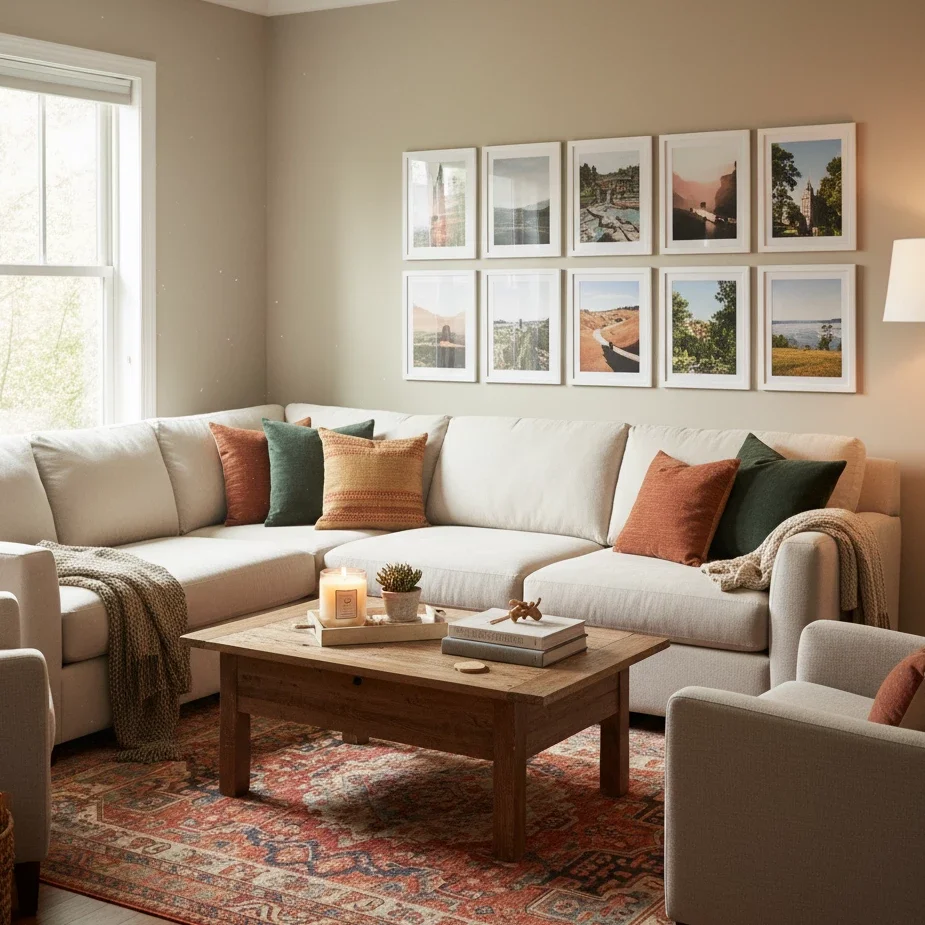 Cozy living room with beige sectional and gallery wall photos
