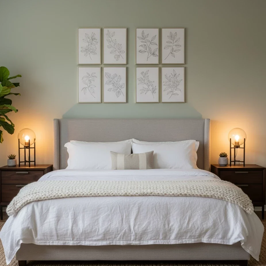 Serene bedroom with king bed and botanical art over headboard
