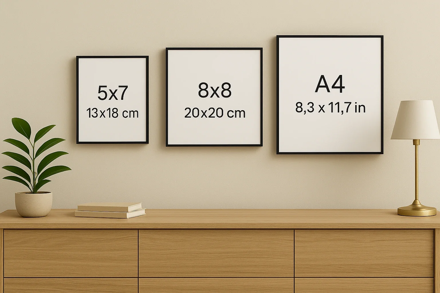 5x7, 8x8, a4 canvas frames displayed over wood credenza
