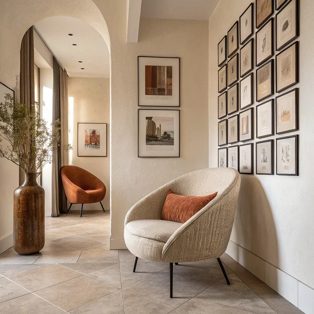 Wall decorated with mixed art prints and wooden frames matching neutral decor.