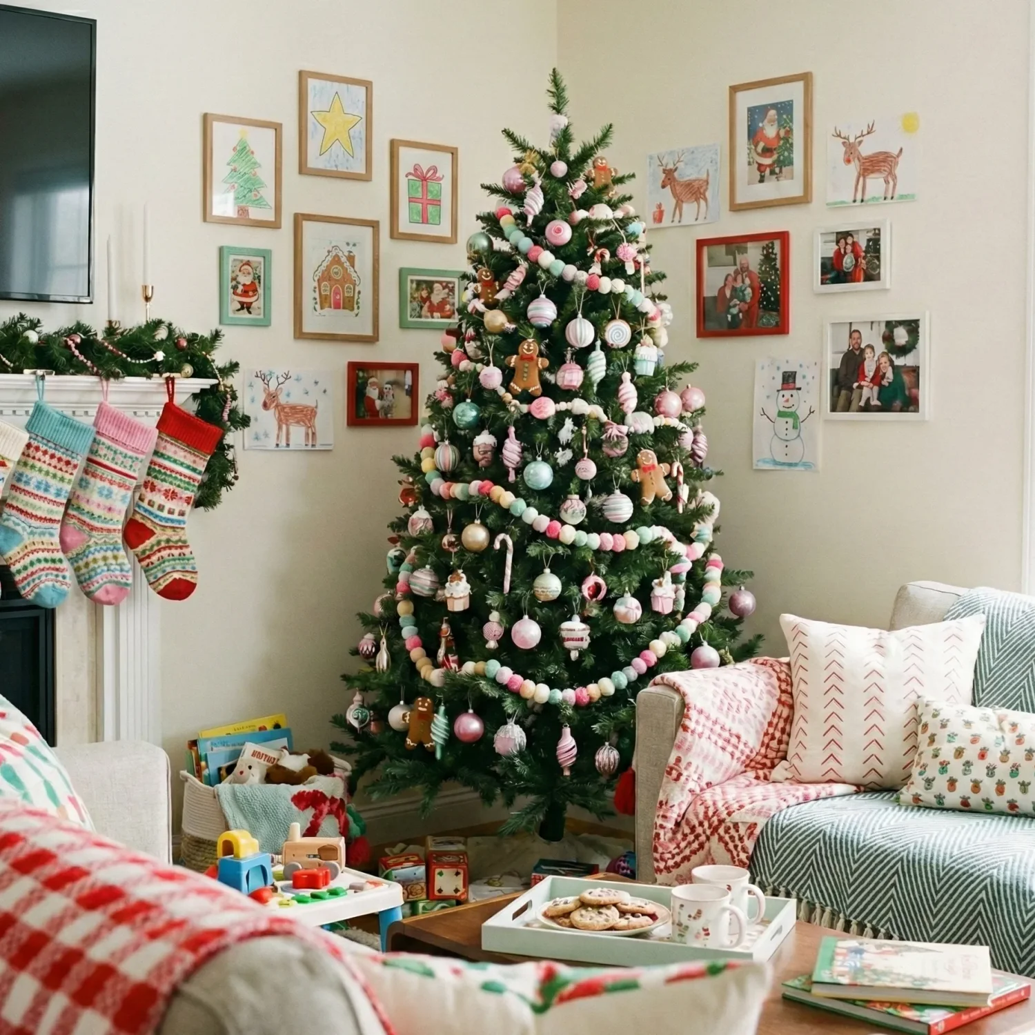Pastel-decorated christmas tree in cozy family living room