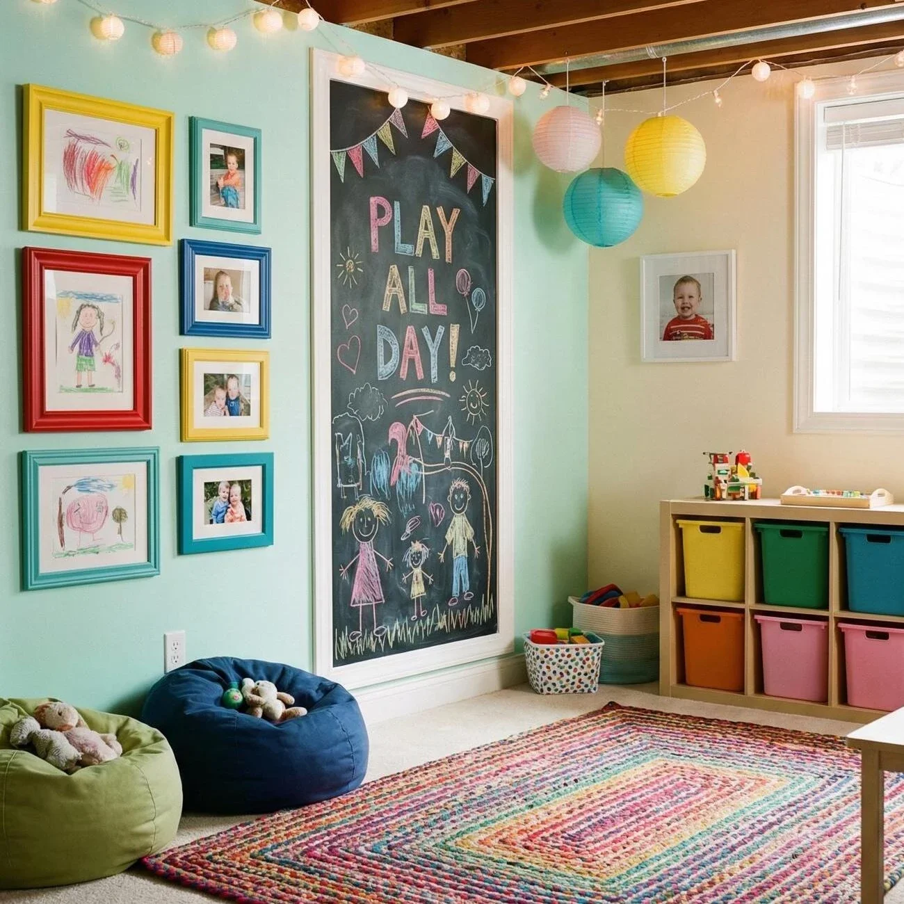 Framed market and spice photos above a wooden sideboard in bright room