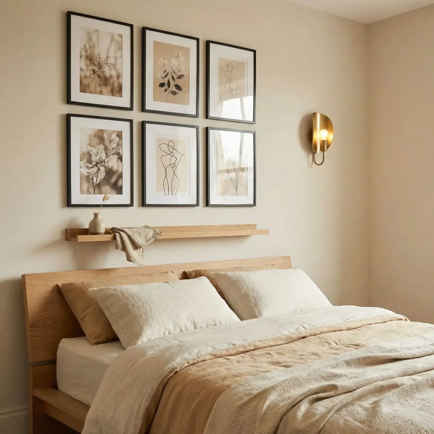 Transitional 3x2 framed photo grid above bed