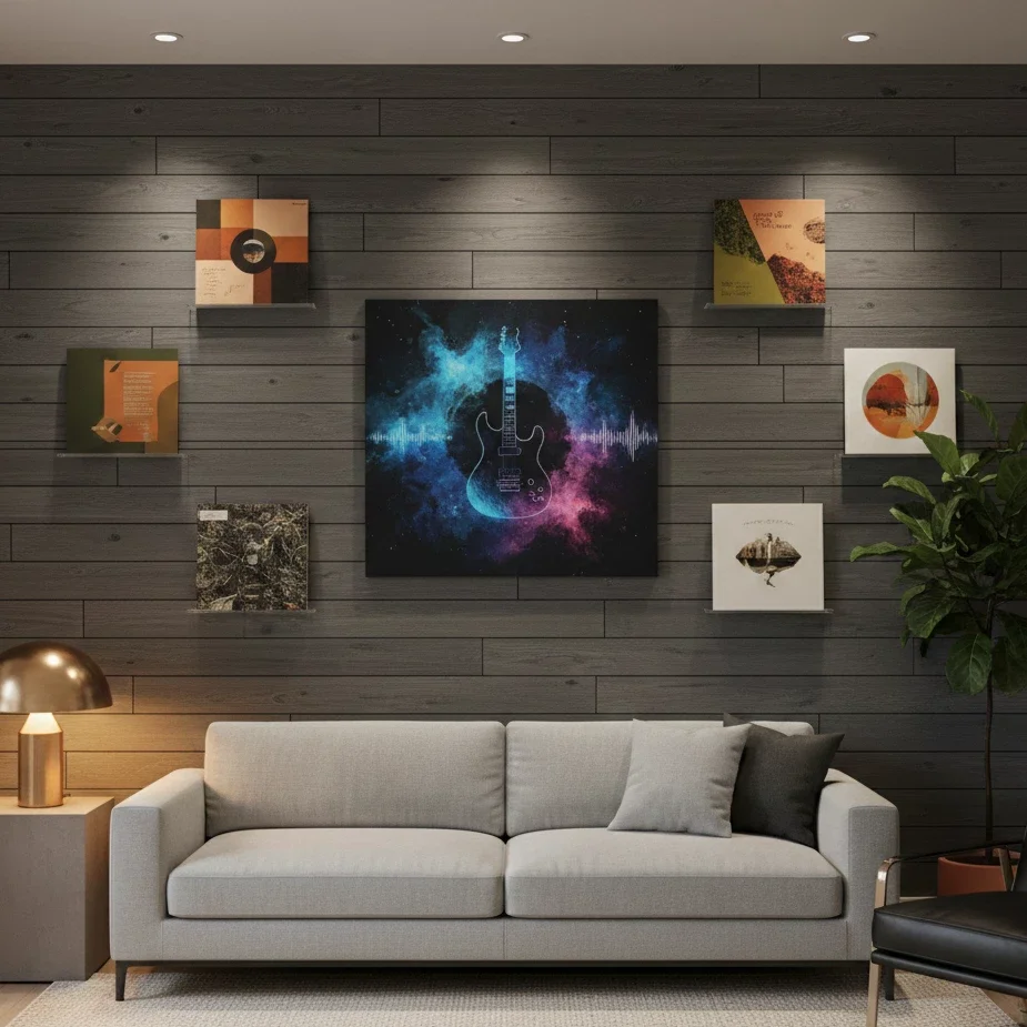 Modern living room with guitar artwork and record display