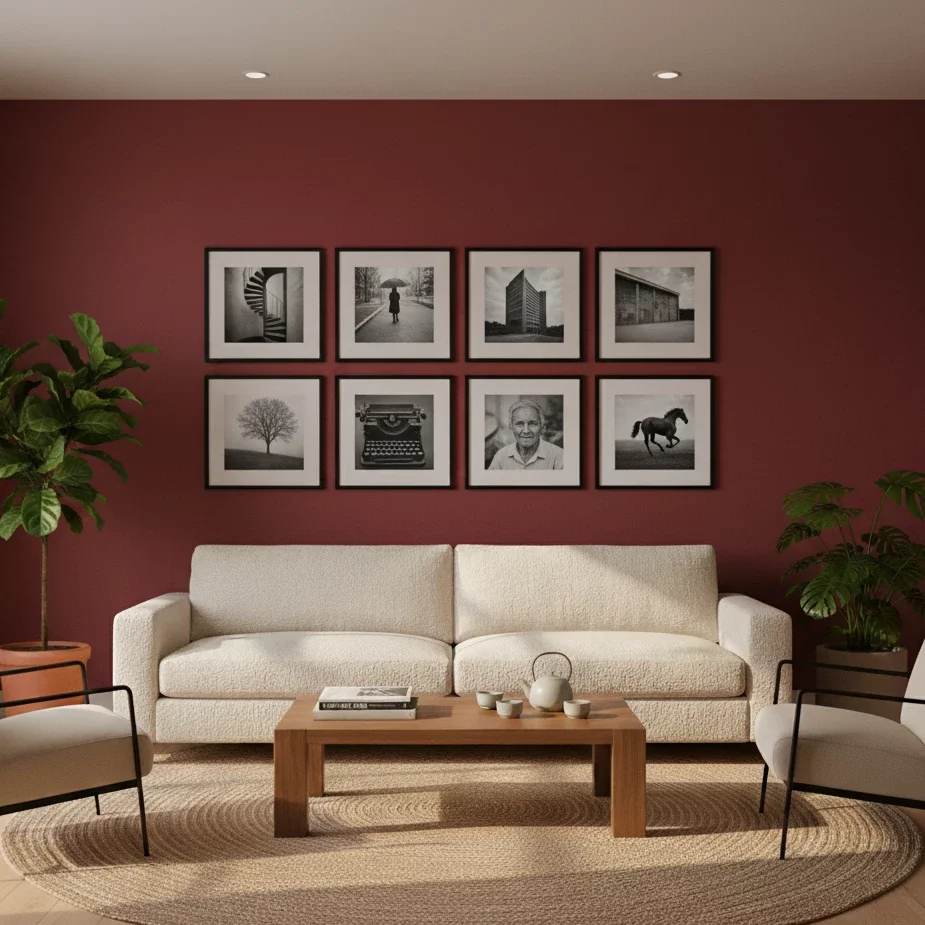 Neutral sofa set against a red accent wall with photo grid