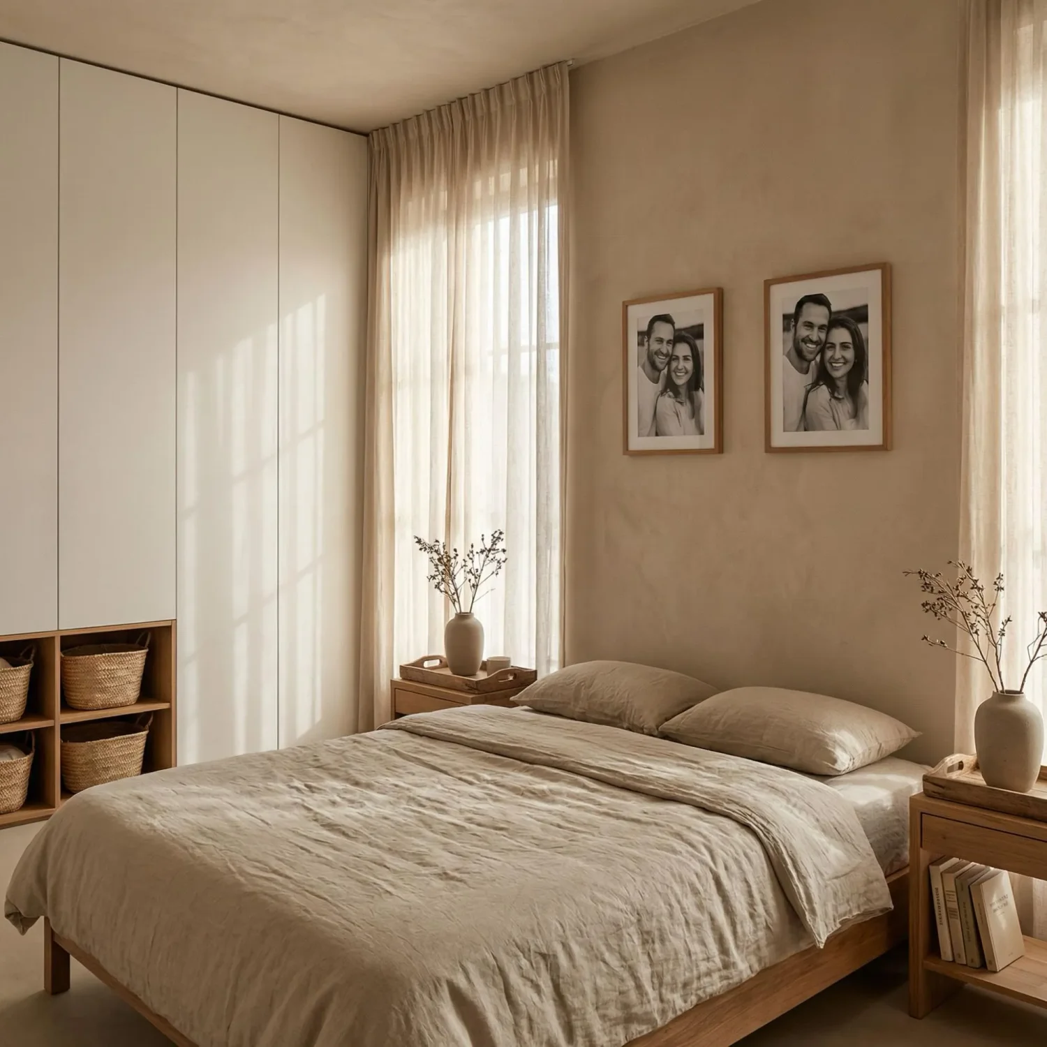 Minimalist bedroom with clear surfaces and storage