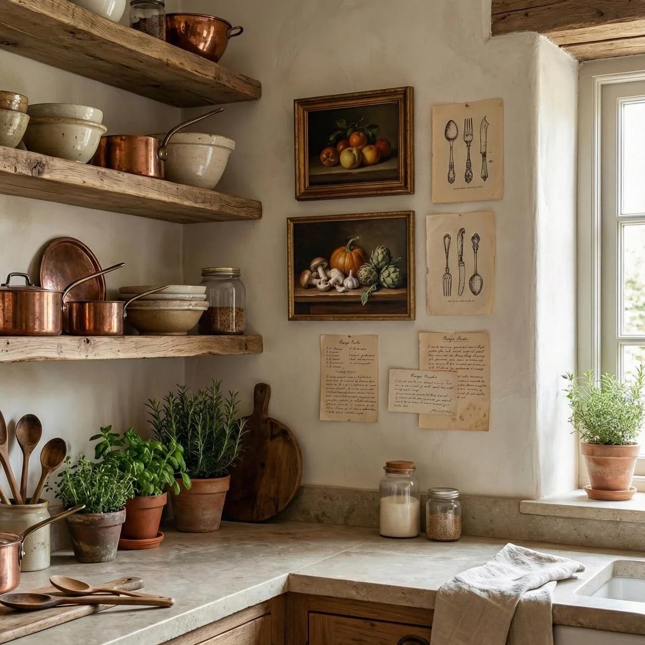Rustic kitchen corner with copper pots, herbs, and vintage art
