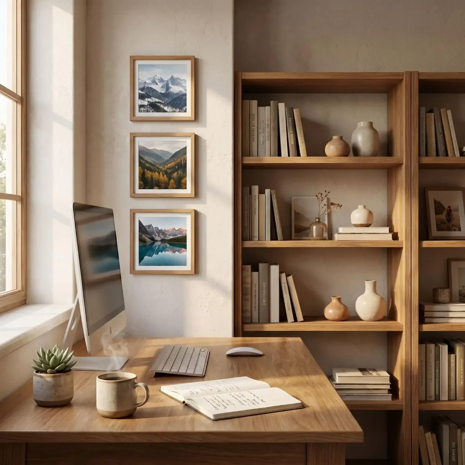 Mountain framed pictures beside home office desk