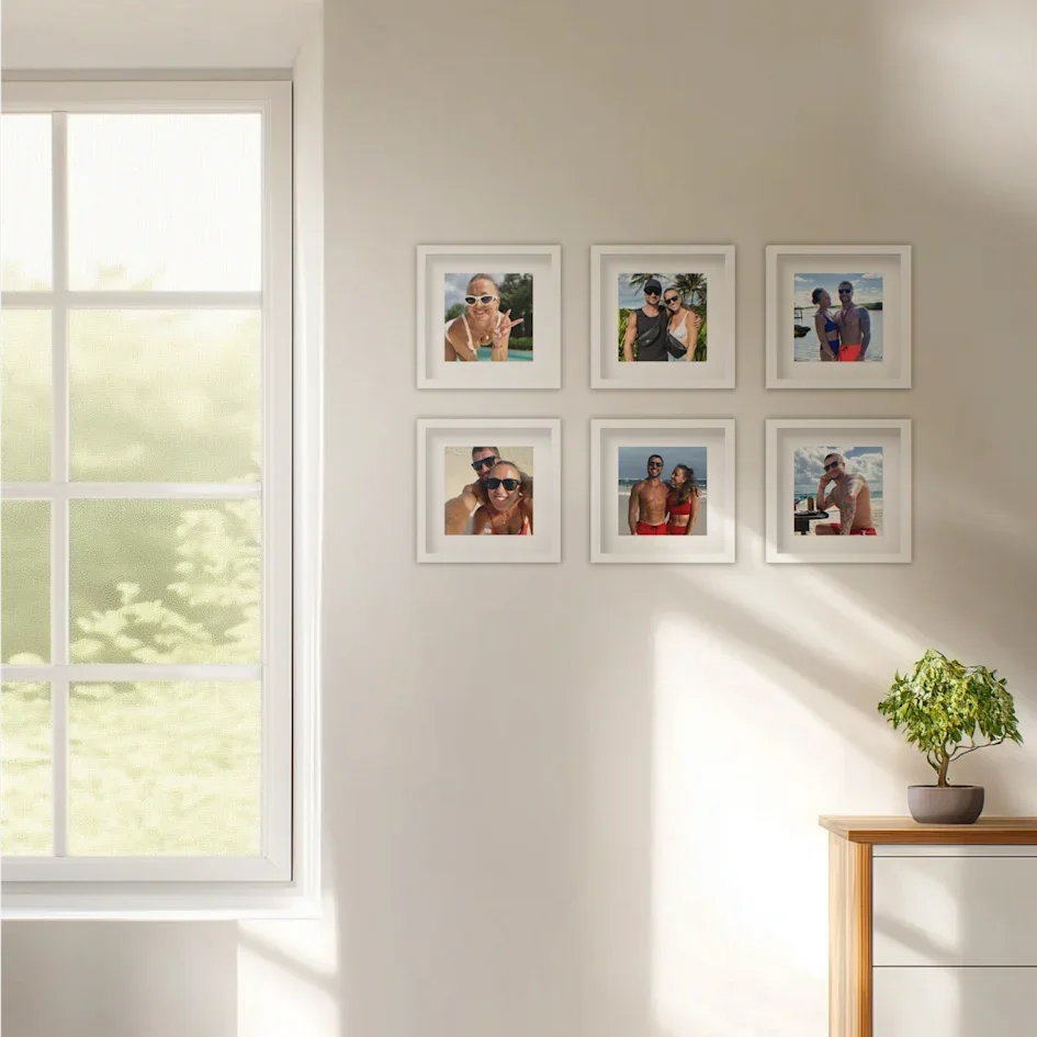 Six framed vacation photos arranged in a neat grid