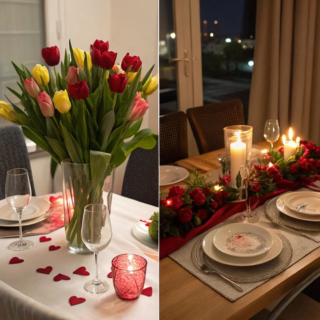 Two-in-one Valentine’s dining setup showing a daytime look with citrus and tulips, and an evening version with roses, dim lighting.