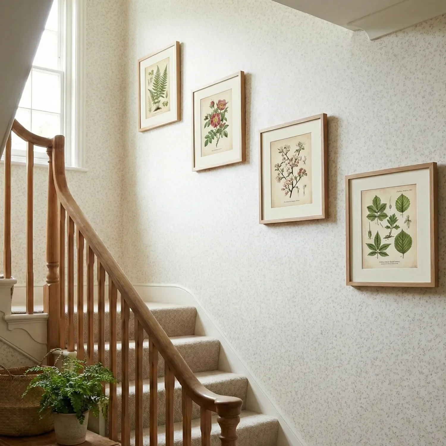 bright stairway with botanical prints, wood railing, and wallpaper