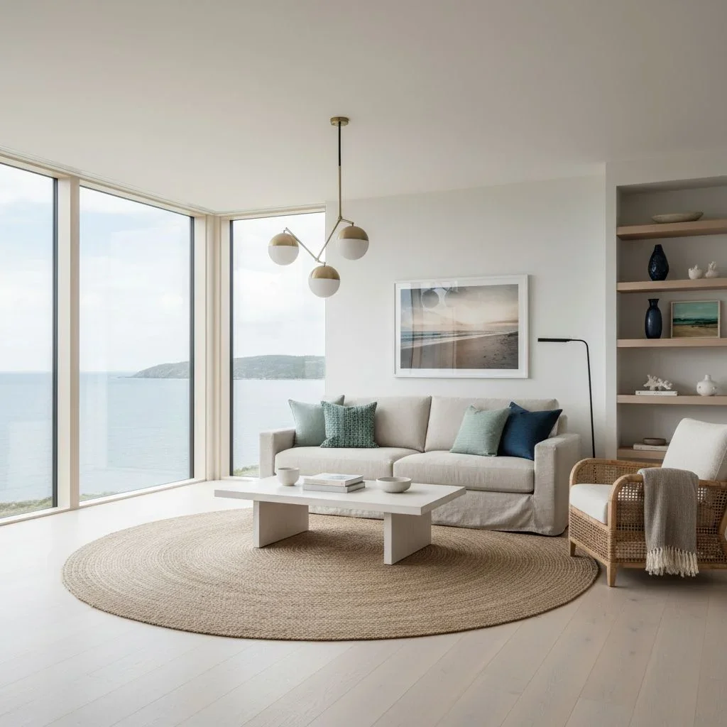 Modern coastal living room with natural light