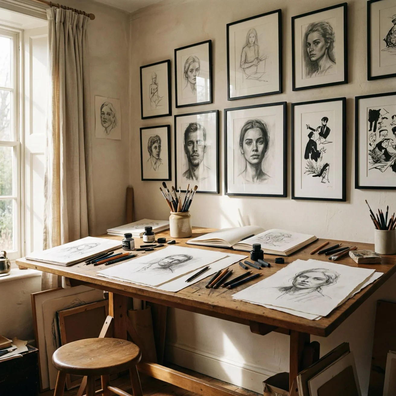 Home art studio with graphic art framed pictures
