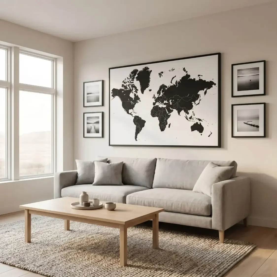 Modern black and white world map in living room