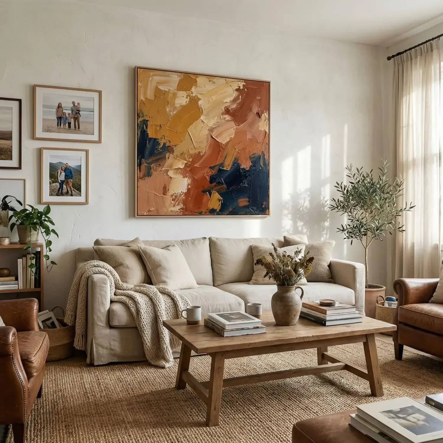 Abstract canvas above sofa in living room decor

