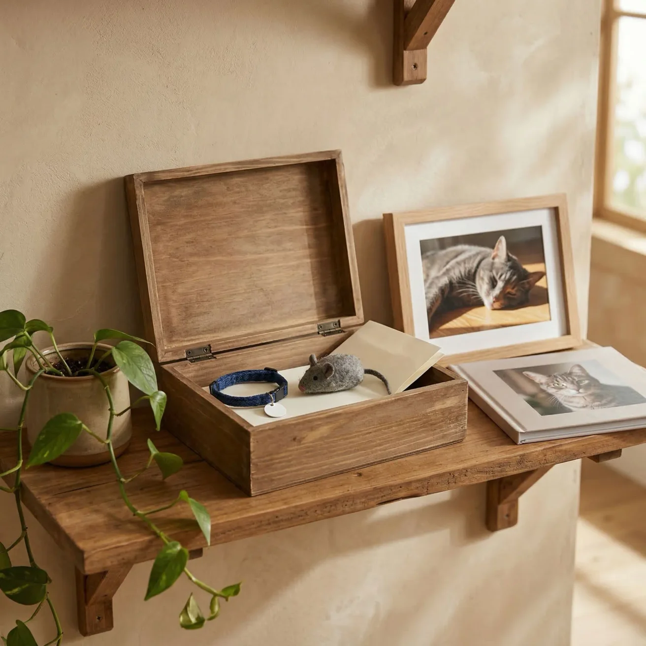 Cat keepsake box and memory shelf with framed photo