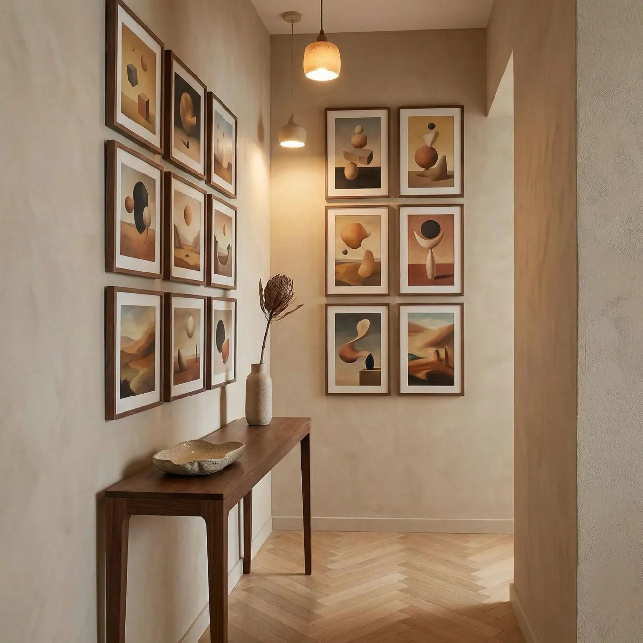 Surreal micro gallery in narrow entryway hallway