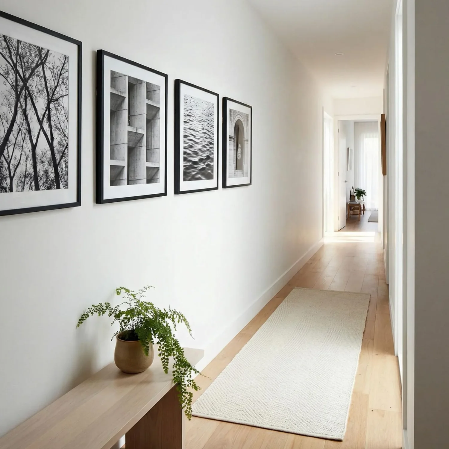 Minimal hallway with black-and-white framed photos in a row