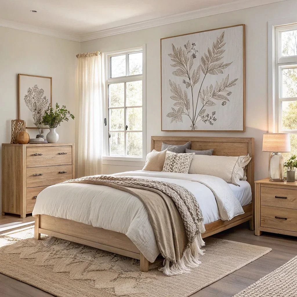 Cozy neutral bedroom with layered textures, rounded decor, and a single large artwork above the bed.