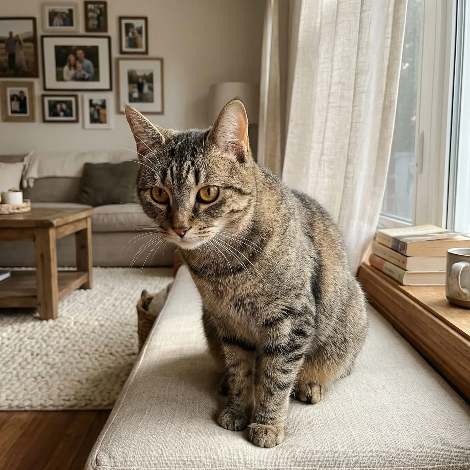 Tabby cat close-up portrait by window in cozy room