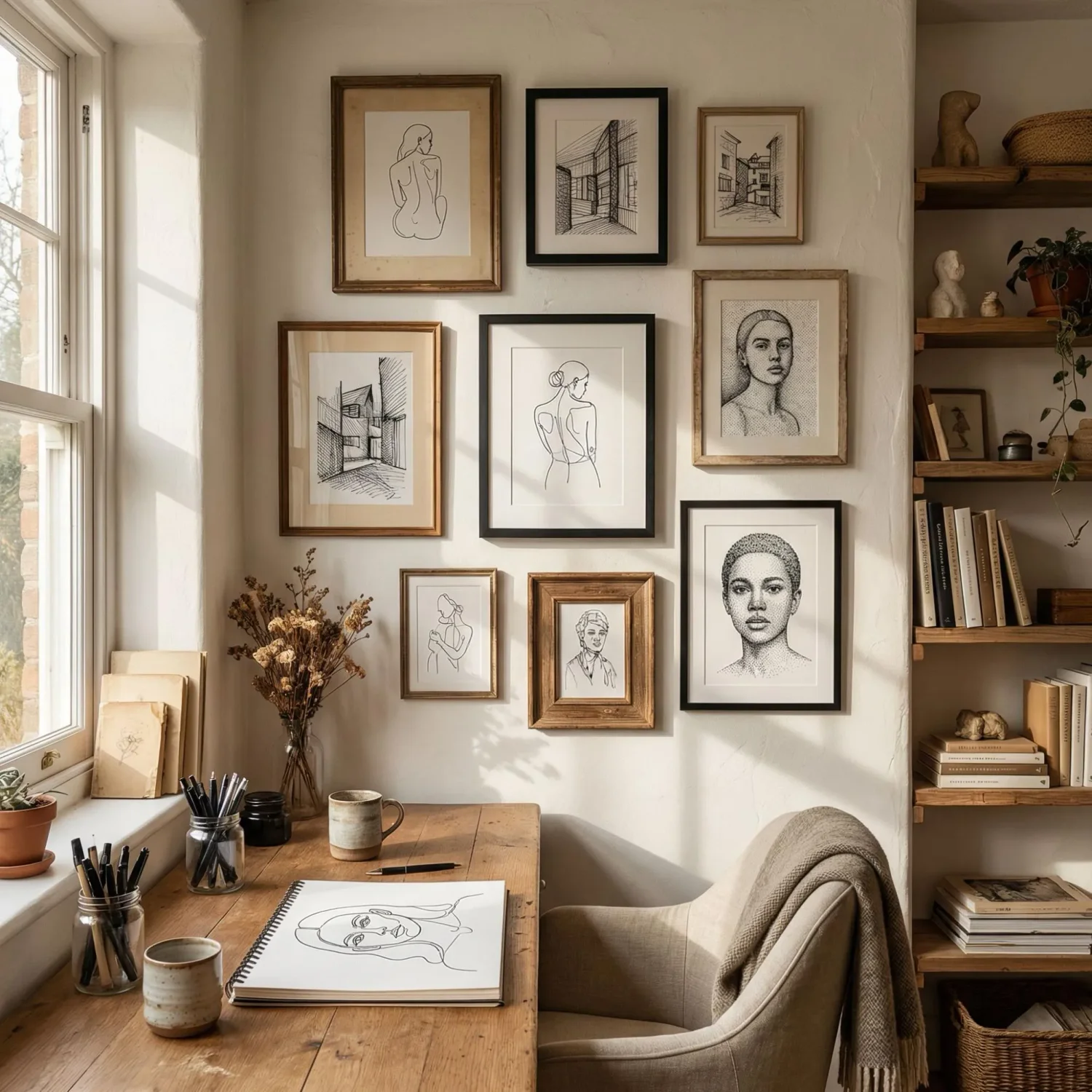 Line art framed prints in cozy home studio