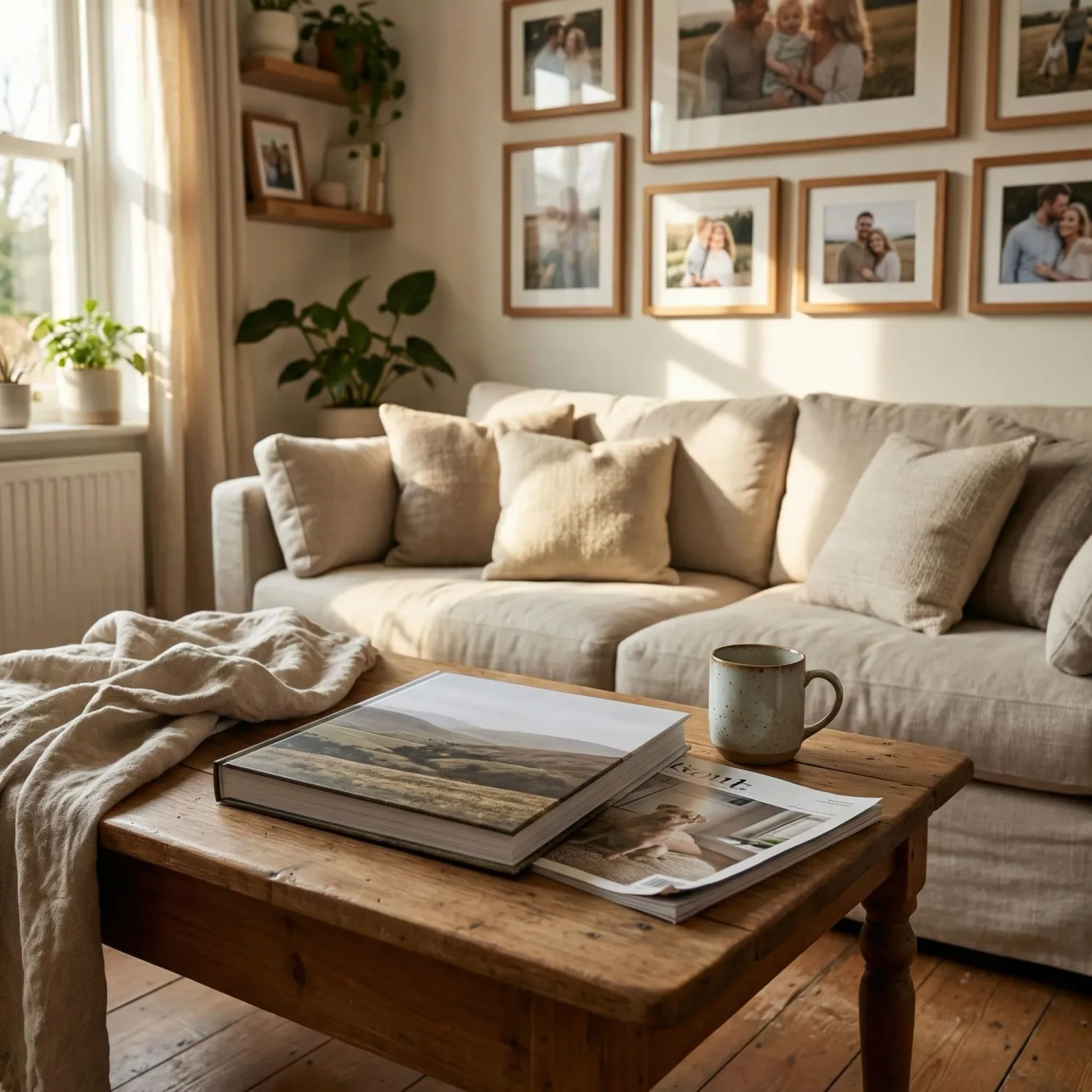 Minimalist photo book cover on a cozy coffee table
