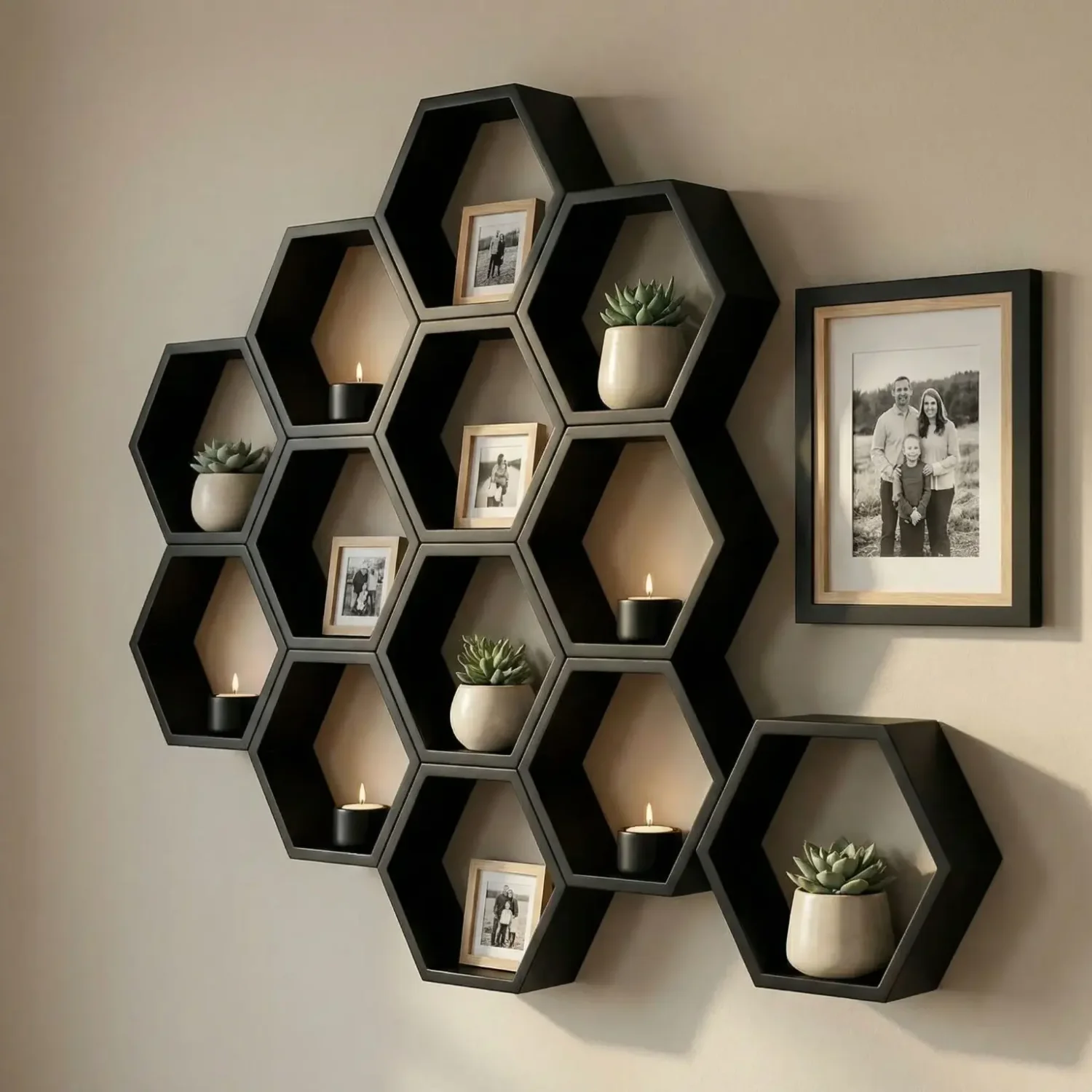 Hexagonal geometric shelves with succulents and frames