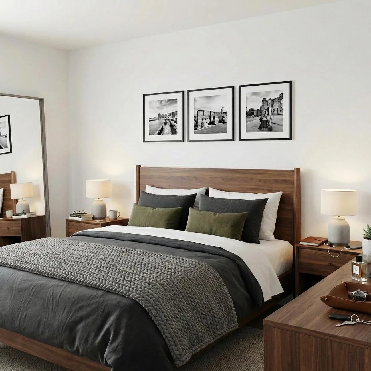 Modern bedroom with warm wood tones and cozy layered bedding